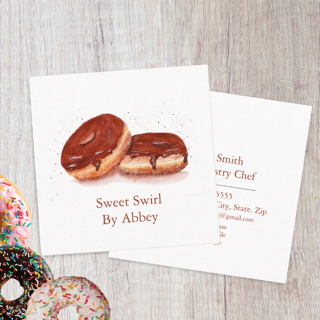 Carte De Visite Carré Aquarelle Chocolat Dents Vernis (Watercolor Chocolate Glazed Donuts Square Business Card)