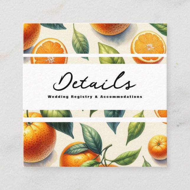 Carte De Visite Carré Aquarelle Citrus Orange Feuille Détails du Mariage (Devant)