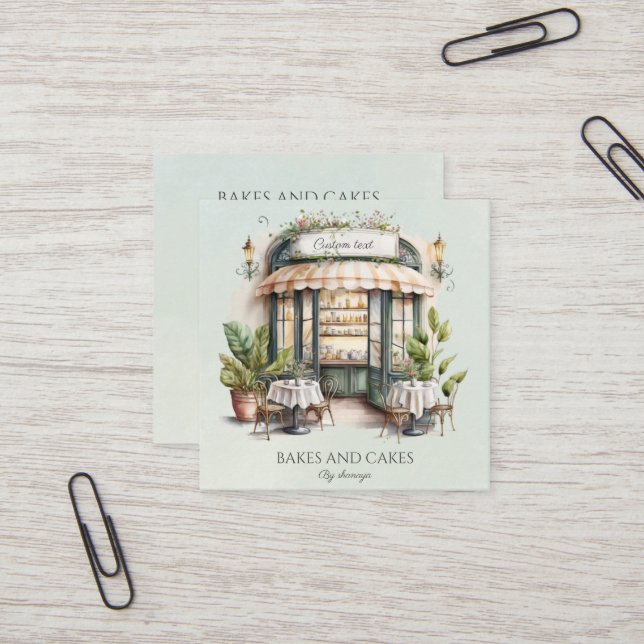 Carte De Visite Carré Aquarelle, code qr de la boulangerie (Devant/Arrière en situation)