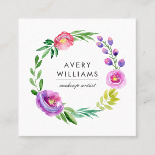 Carte De Visite Carré Aquarelle colorée en gras Fleur Wreath   Blanc