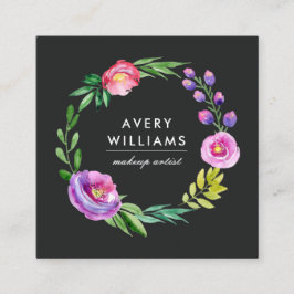 Carte De Visite Carré Aquarelle colorée en gras Fleur Wreath | Noir