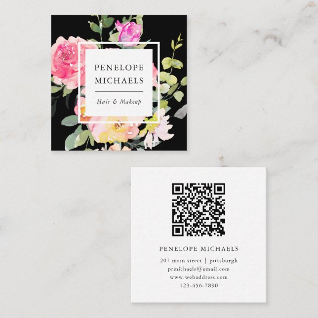 Carte De Visite Carré Aquarelle colorée Floral QR Code noir (Devant / Derrière)