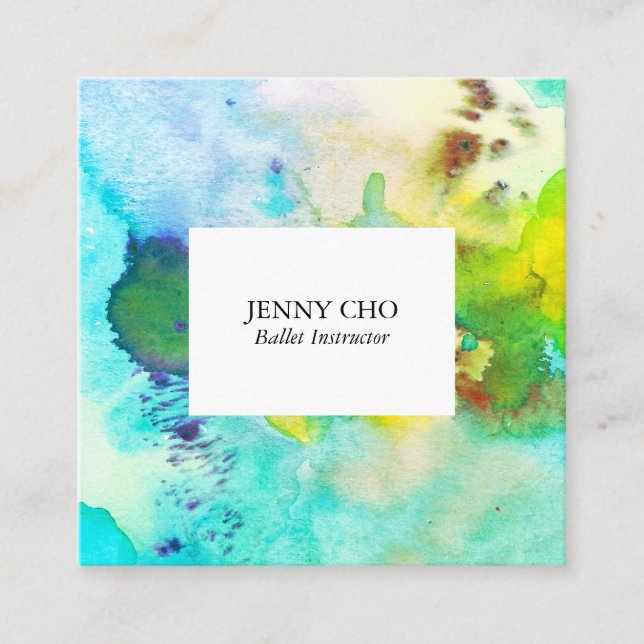 Carte De Visite Carré Aquarelle couleur texturée peinture bleu vert (Devant)