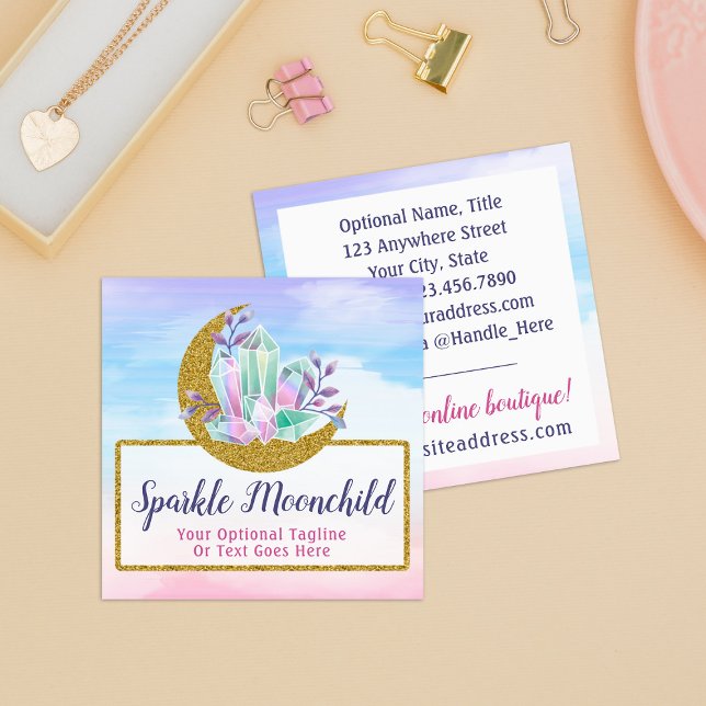 Carte De Visite Carré Aquarelle Crystals & Gold Crescent Moon Boutique (Créateur téléchargé)