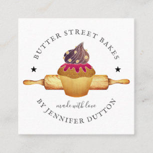 Carte De Visite Carré Aquarelle Cupcake Rolling Pin Baker Pâtisserie Che