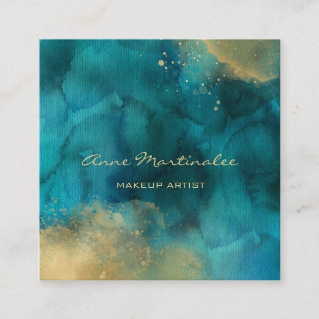 Carte De Visite Carré Aquarelle de maquillage Turquoise et or (Devant)