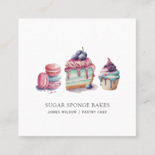Carte De Visite Carré Aquarelle Desserts Pâtisserie Chef Baker
