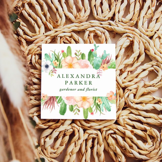 Carte De Visite Carré Aquarelle élégante Fleurs Succulentes (Créateur téléchargé)