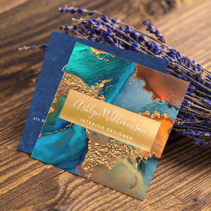 Carte De Visite Carré Aquarelle en marbre moderne bleu turquoise or oran