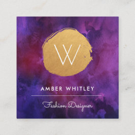 Carte De Visite Carré Aquarelle et Faux Gold Foil Circle | Violet profon