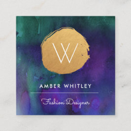 Carte De Visite Carré Aquarelle et Faux Gold Foil Circle | Violet Turquo