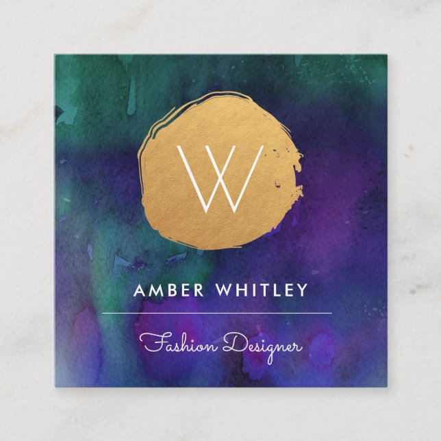 Carte De Visite Carré Aquarelle et Faux Gold Foil Circle | Violet Turquo (Devant)
