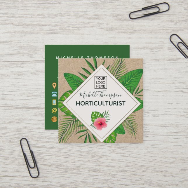 Carte De Visite Carré Aquarelle feuillage tropical personnalisé (Devant/Arrière en situation)