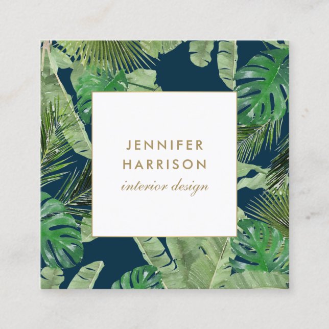 Carte De Visite Carré Aquarelle Feuille tropical Motif sur bleu foncé (Devant)