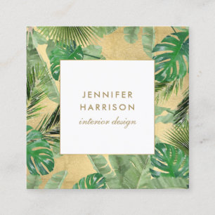 Carte De Visite Carré Aquarelle Feuille Tropical Motif sur Faux Gold