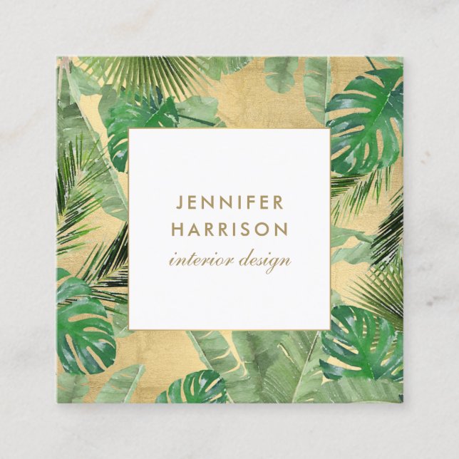 Carte De Visite Carré Aquarelle Feuille Tropical Motif sur Faux Gold (Devant)