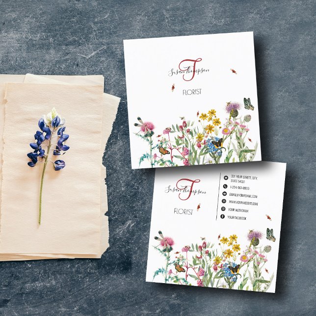 Carte De Visite Carré Aquarelle Fleur sauvage Insecte Floral Florist (Watercolor Wildflower Insects Floral Florist Square Business Card)
