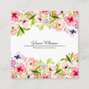 Carte De Visite Carré Aquarelle Fleurs sauvages et Pansies Jolie Feminin