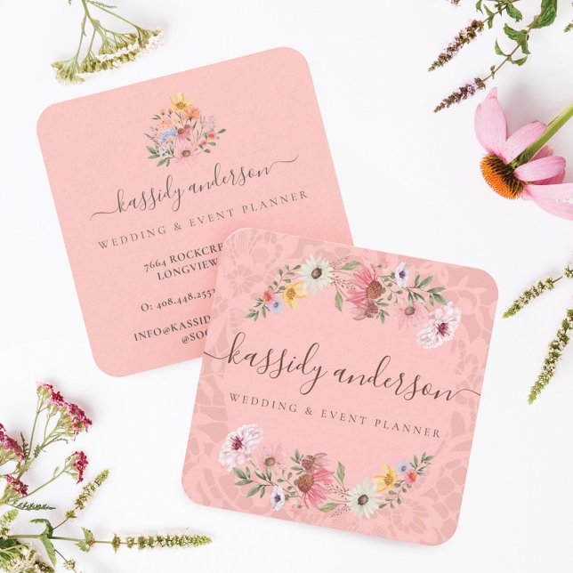 Carte De Visite Carré Aquarelle Fleurs sauvages Floral Wreath rose (Créateur téléchargé)
