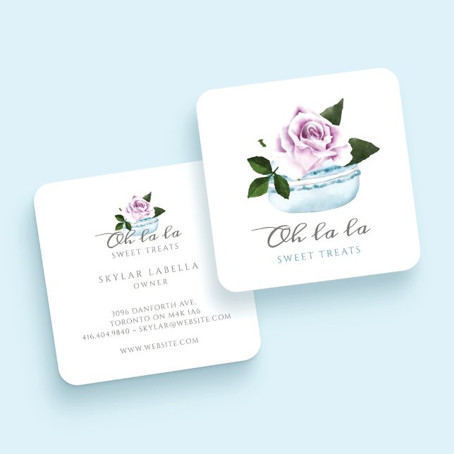 Carte De Visite Carré Aquarelle Floral Blue Macaron Boulangerie & sucrer (Créateur téléchargé)