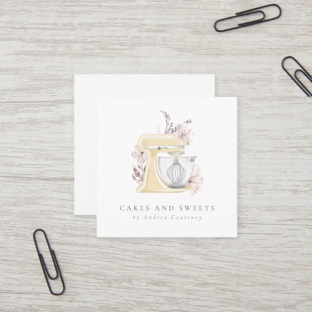 Carte De Visite Carré Aquarelle Floral Boulangerie Pâtisserie Chef Mixer (Devant/Arrière en situation)