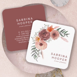 Carte De Visite Carré Aquarelle Floral Rouille Rond Coins Arrondis