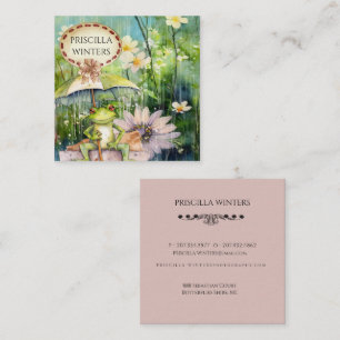 Carte De Visite Carré Aquarelle Grenouille Fleurs Parapluies