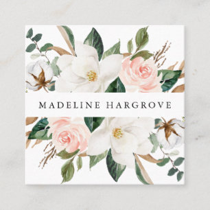 Carte De Visite Carré Aquarelle Magnolias blanc et floral