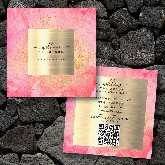 Carte De Visite Carré Aquarelle Marbre rose Faux Parties scintillant or  (Watercolor Pink Marble Faux Gold Glitter QR Code Square Business Card)