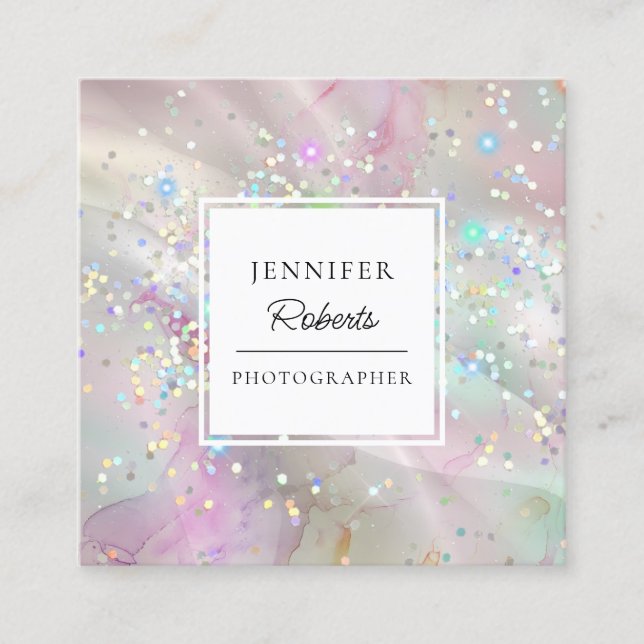 Carte De Visite Carré Aquarelle marbrée Parties scintillant holographiqu (Devant)