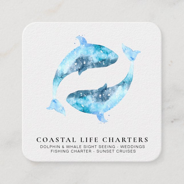 Carte De Visite Carré *~* Aquarelle marine jouant aux dauphins côtiers (Devant)