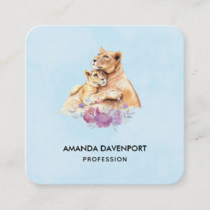 Carte De Visite Carré Aquarelle mignonne Mère Lion & Cub
