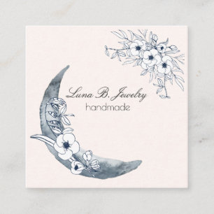 Carte De Visite Carré Aquarelle Moon & Botanical Art Blue Grey