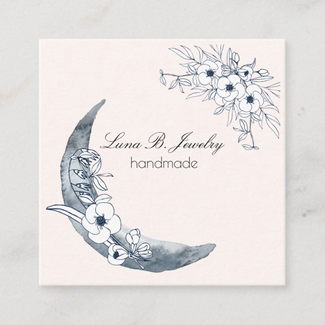 Carte De Visite Carré Aquarelle Moon & Botanical Art Blue Grey (Devant)