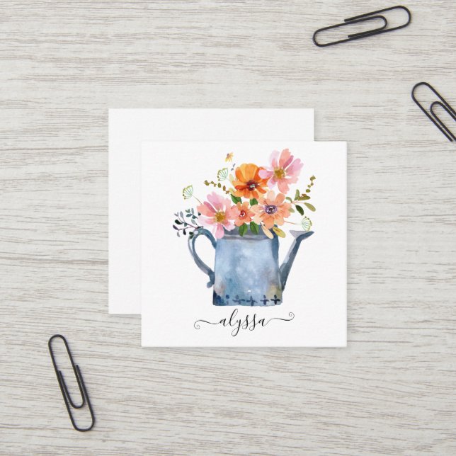 Carte De Visite Carré Aquarelle peinte à la main Floral (Devant/Arrière en situation)