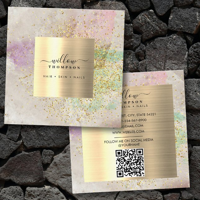 Carte De Visite Carré Aquarelle Pierre naturelle Faux Parties scintillan (Watercolor Natural Stone Faux Gold Glitter QR Code Square Business Card)