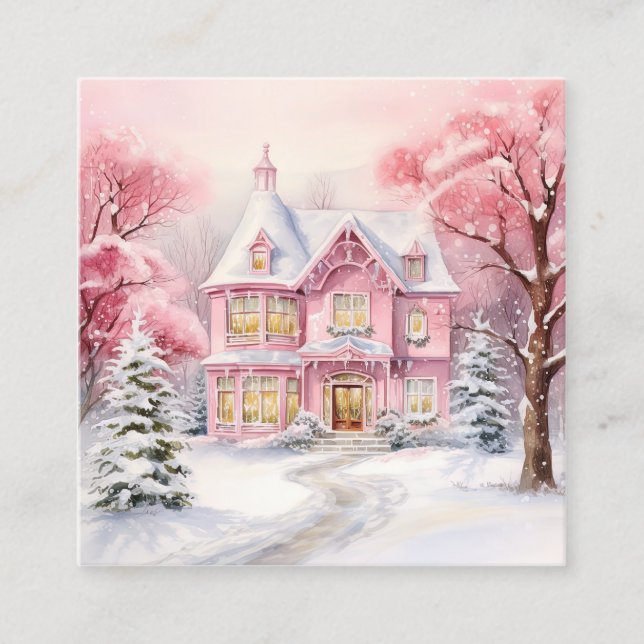 Carte De Visite Carré Aquarelle rose Arrière - plan de Noël (Devant)