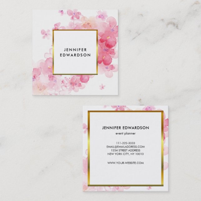 Carte De Visite Carré Aquarelle rose floral blanc or professionnel (Devant / Derrière)