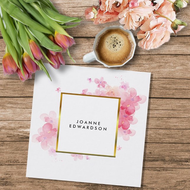 Carte De Visite Carré Aquarelle rose floral cadre or professionnel (Watercolor floral, gold white frame, elegant professional businesscard.)