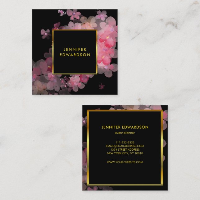 Carte De Visite Carré Aquarelle rose floral noir or professionnel (Devant / Derrière)