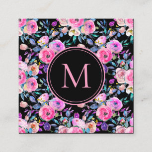 Carte De Visite Carré Aquarelle rose florale Monogramme