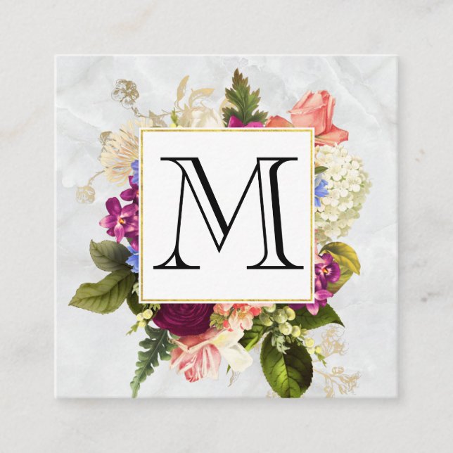 Carte De Visite Carré Aquarelle rose moderne Bouquet floral Monogramme (Devant)