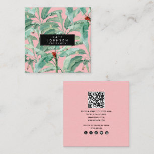 Carte De Visite Carré Aquarelle rose moderne Tropical Banana Palm Feuill