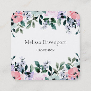 Carte De Visite Carré Aquarelle rose violet vert à la frontière florale