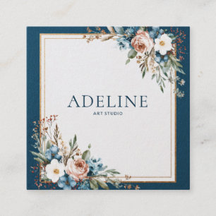 Carte De Visite Carré Aquarelle Rustique Cadre Doré Fleurs Bleu Marine