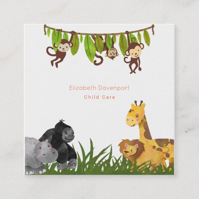 Carte De Visite Carré Aquarelle Safari Jungle Illustration animale (Devant)