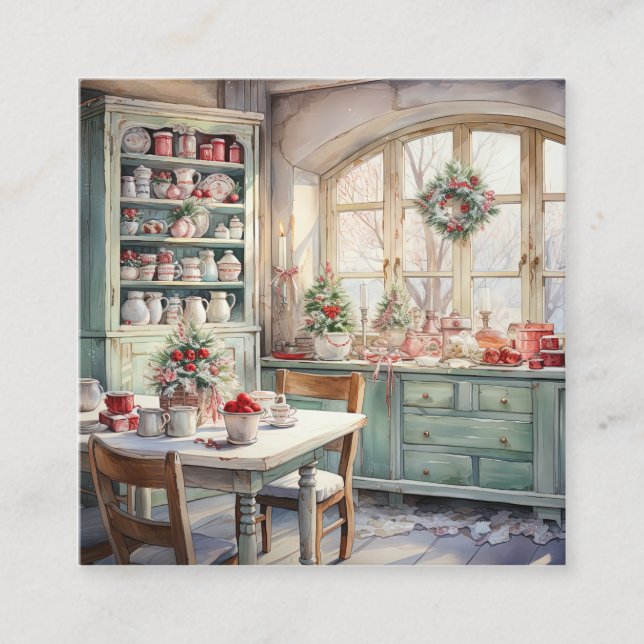 Carte De Visite Carré Aquarelle Shabby Chic cuisine de Noël (Devant)