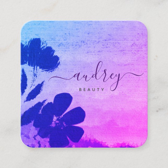 Carte De Visite Carré Aquarelle Sky Blue et rose Floral (Devant)