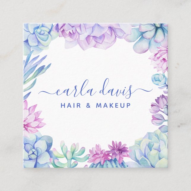 Carte De Visite Carré Aquarelle Succulente Floral Boho Artiste maquillag (Devant)
