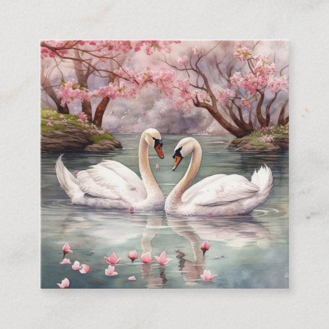 Carte De Visite Carré Aquarelle Swan Couple (Devant)